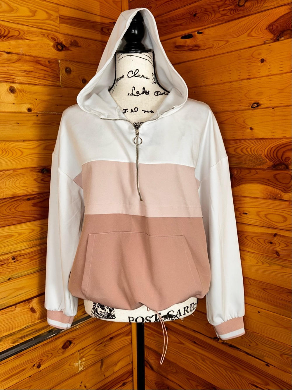 Zara White & Blush Colorblock Half-Zip Hoodie